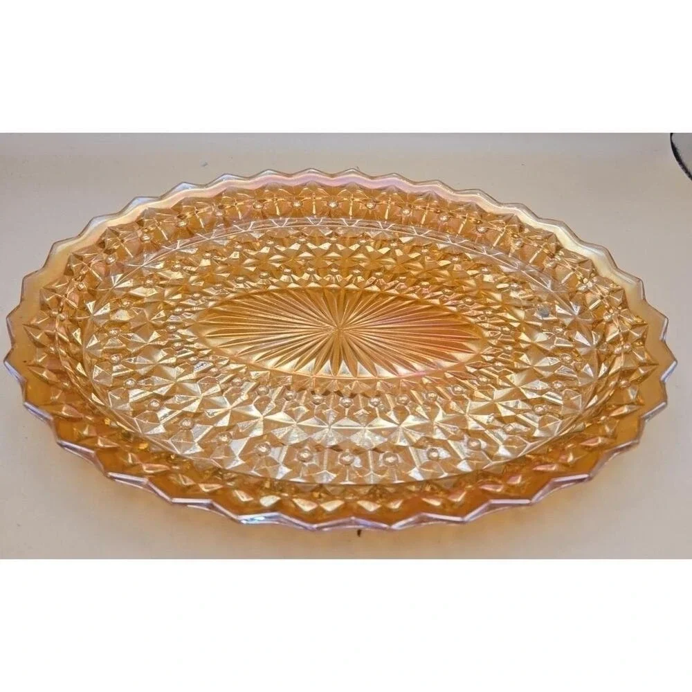 Vtg Serving Platter Jeannette Oval Glass Iridescent Buttons & Bows 11.5